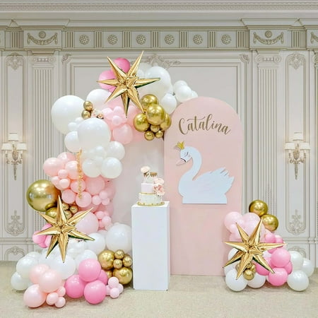 Pink White Gold Balloon Garland Kit - 140pcs w/ Large Starburst Balloons. Perfect for Baby Shower, Girl's Birthday, Sweet 16 Party Decorations.