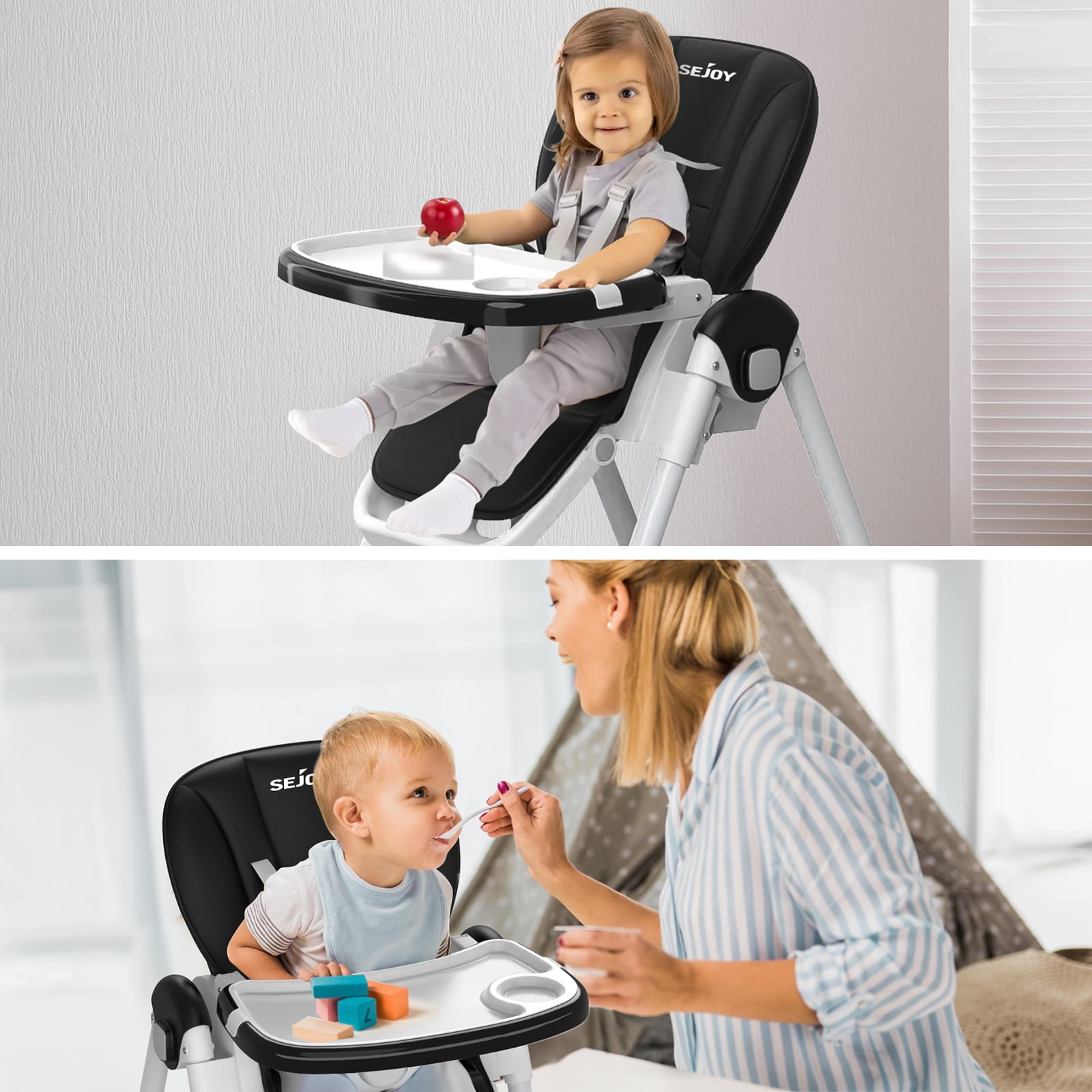 Sejoy 4 Wheels Baby High Chair for Toddlers, Foldable High Chair with Adjustable Seat Heigh, Black