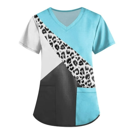 

BEBUTTON Womens Scrubs Plus Size V Neck Short Sleeve Tops Loose Printed Nursing Work Uniform Blouses with Pocket Light Blue XL