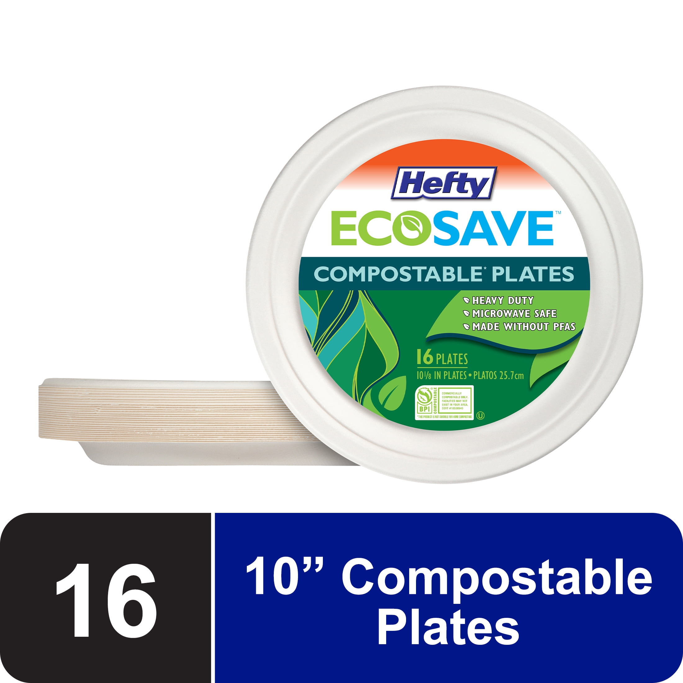 (4 pack) Hefty ECOSAVE Compostable Paper Plates, 10-1/8 inch, 16 Count