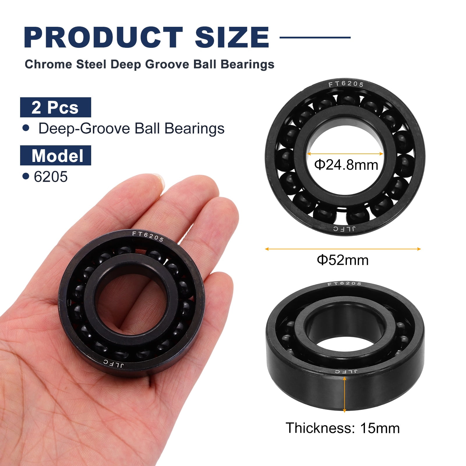 2 Pcs 6205 Deep-Groove Ball Bearings, 24.8x52x15mm Double Metal Shields Precision High-Temperature-Resistant Chrome Steel Bearings for Rolling Mills Ovens Gearboxes