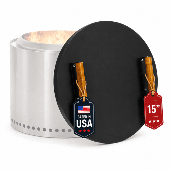FEBTECH 15.5 inch Round Firepit Lid Compatible with 15" Smokeless Fire Pits with 2 Wooden Handles