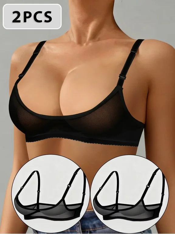 2 PCS Women Sheer Mesh Bra, Unlined Wireless Bralette, Adjustable Thin Straps SeeThrough Mesh Lingerie Bra for Daily Wear