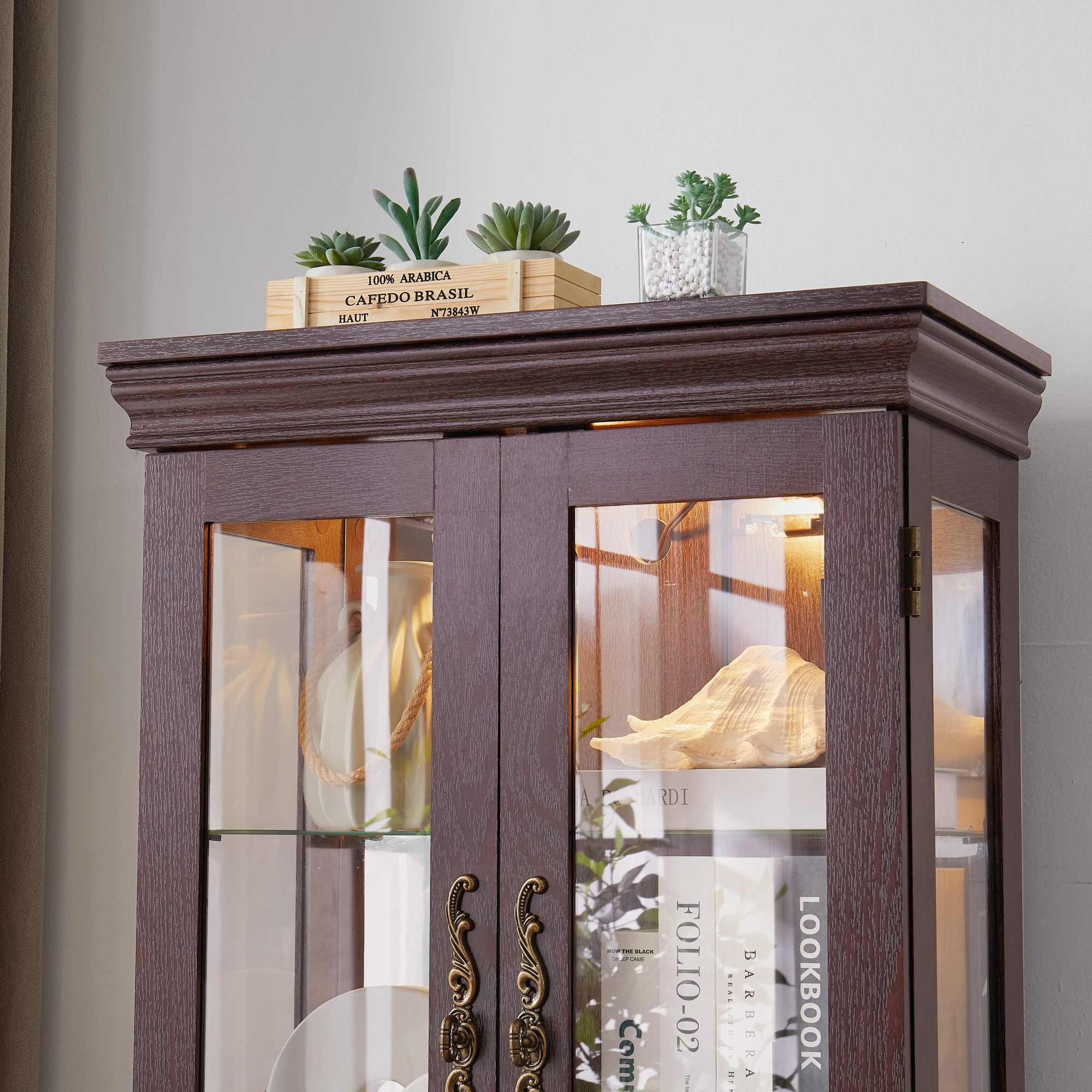Leumius Lighted Glass Curio Display Cabinet, Wood Frame 4 Glass Doors Storage Cabinet with Included Bulb, Glass Wine Cabinet Collectibles Toy Display Case for Living Room, Kitchen, Pantry,Cherry