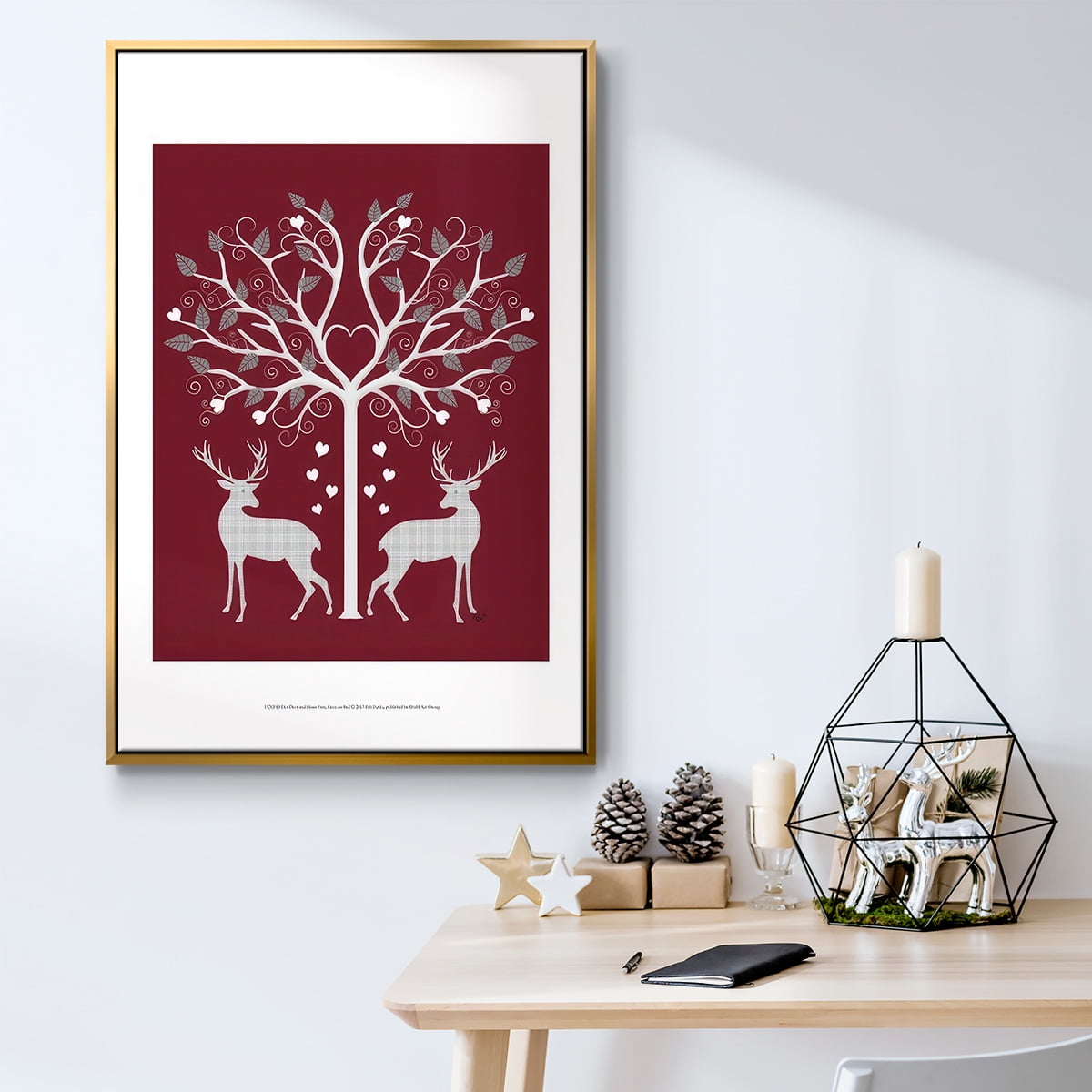 Christmas Des - Deer and Heart Tree, Grey on Red - Framed Gallery Wrapped Holiday Canvas - 17 x 25 - Gold Frame