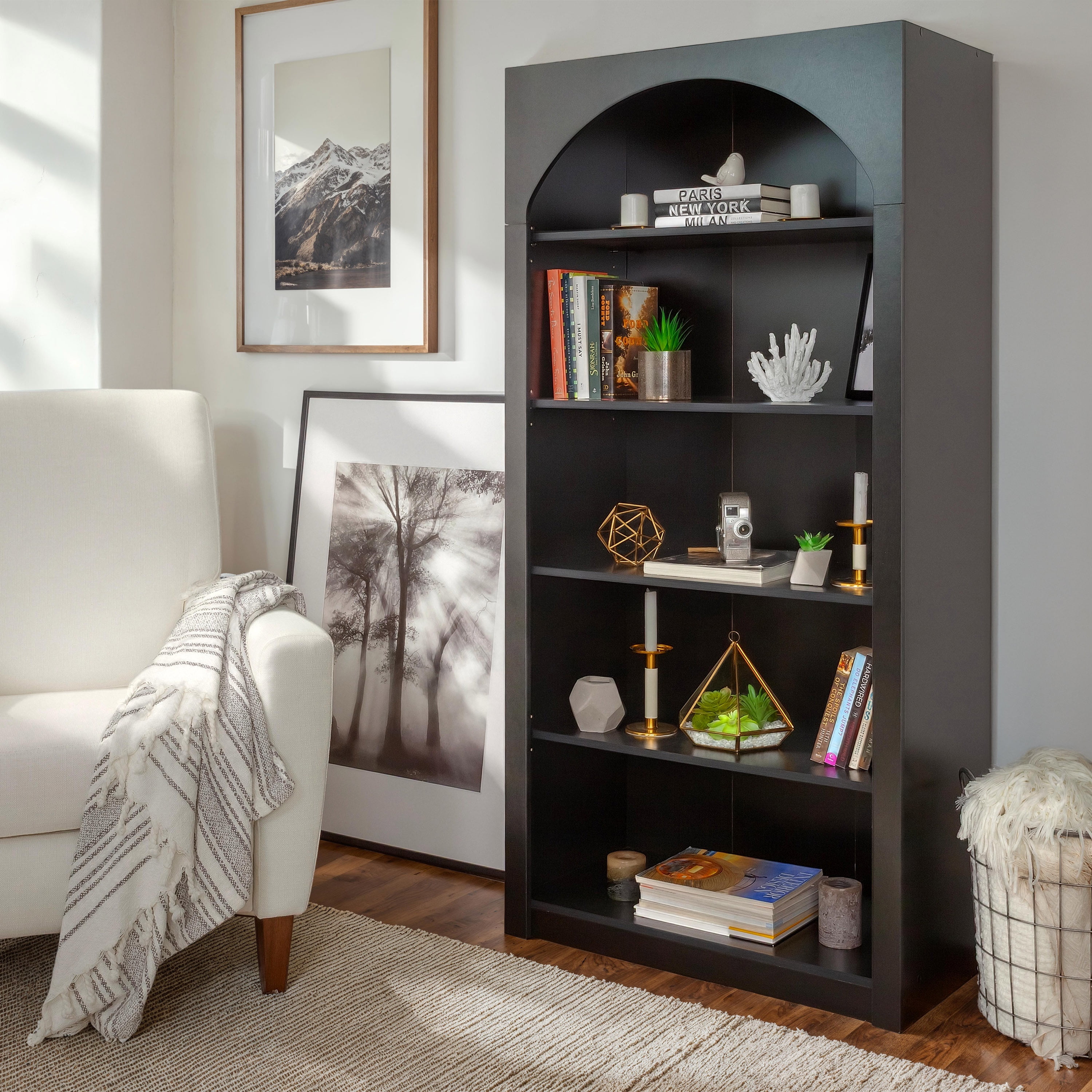 CorLiving Caldwell Engineered Wood Arched Top Adult Bookcase with 5 Shelves