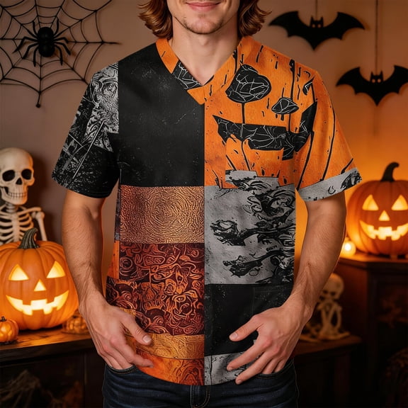 Domuza Halloween Scrub Shirts for Men Novelty Horror Print V-Neck Short Sleeve Working Uniform Shirts Comfy Soft Relaxed Fit Medical Scrub Tops 4XL