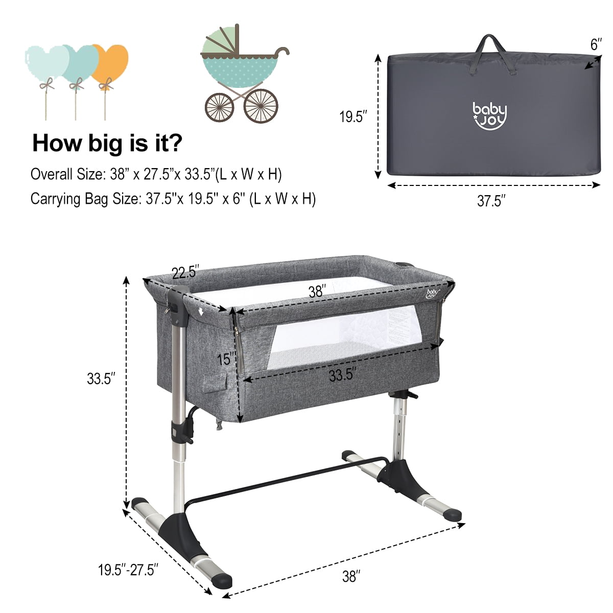 Costway Baby Playard Bassinet Bed Side Crib Infant Sleeper Breathable Mesh with Carrying Bag Gray