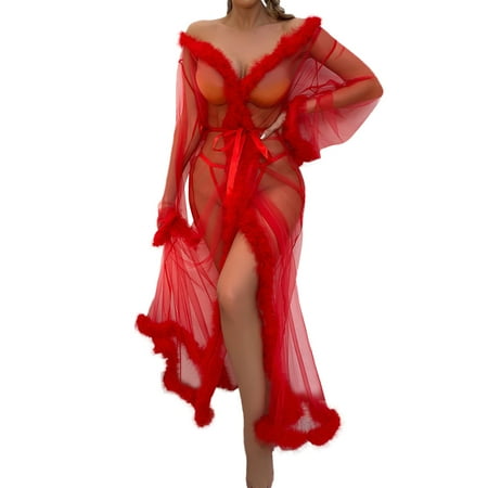 

B91xZ Pajamas For WomenWomen Fashion Tulle Robe Long Lingerie Nightgown Bathrobe Sleepwear Feather Bridal Robe Surprise Bigger Surprise Red S