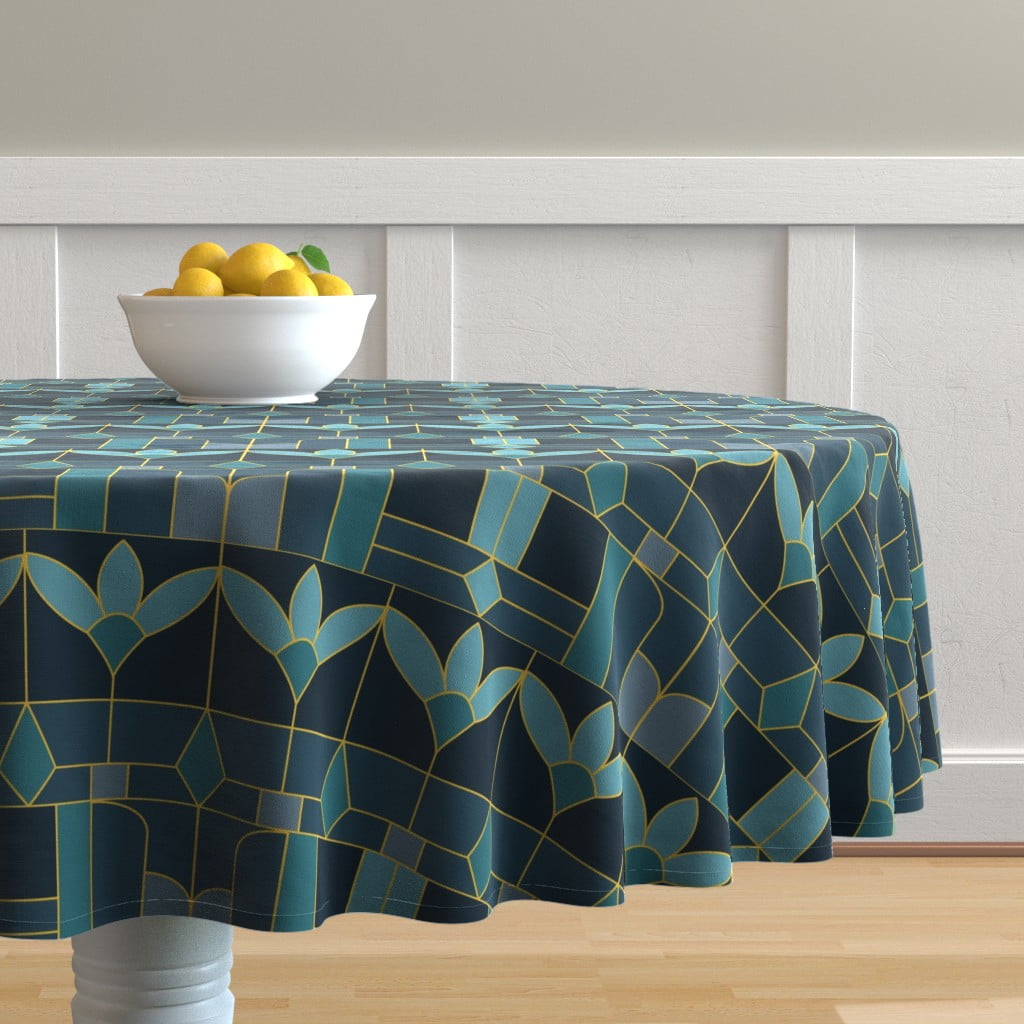 Round Tablecloth Floral Stained Window Art Deco Aqua Gold Cotton Sateen