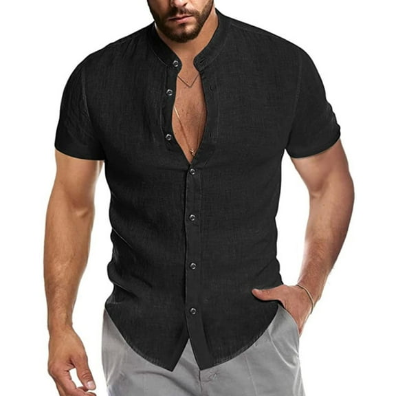 SWSMCLT Men's Soft Button Down Shirt Fitted Button Button Up Top Shirt Short Sleeve Summer Linen Black XX-Large