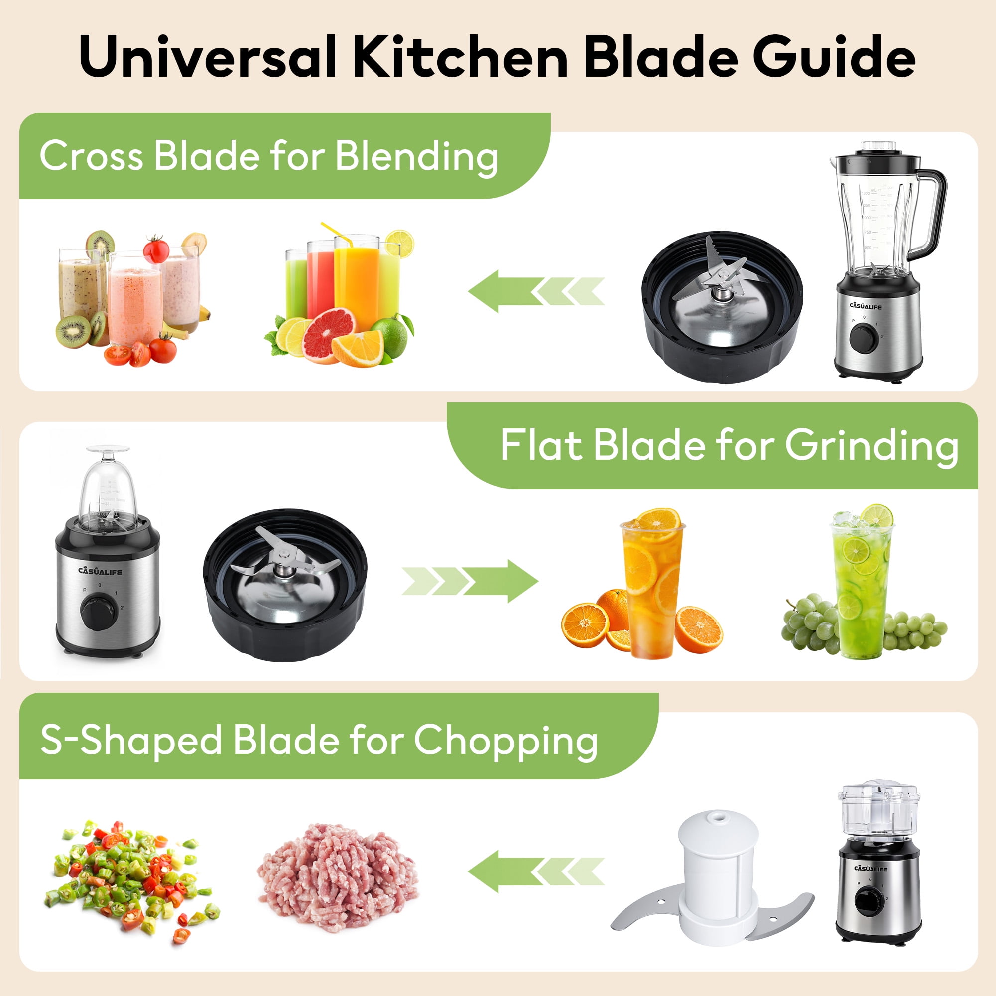 Casualife Countertop Blender Food Processor Combo, 6 in 1 Kitchen Electric Blender/Grinder/Chopper,New