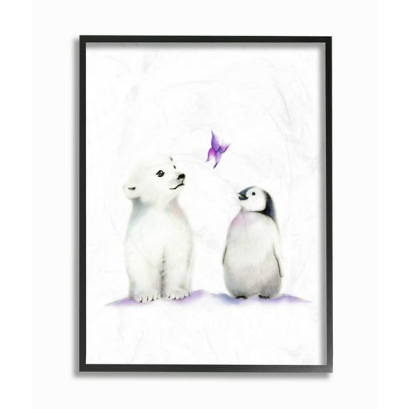 The Kids Room by Stupell Cute Cartoon Baby Polar Bear And Penguin Zoo Animal Painting Framed Giclee Texturized Art by Studio Q by Studio Q