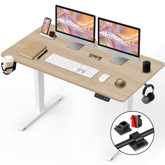 MotionGrey - Bureau Debout Électrique Réglable Ergo2 avec Réglages de Mémoire - Dessus Brun Pâle 43 Pouces x 24 Pouces Cadre Blanc - Bureau Ergonomique pour la Maison et le Bureau