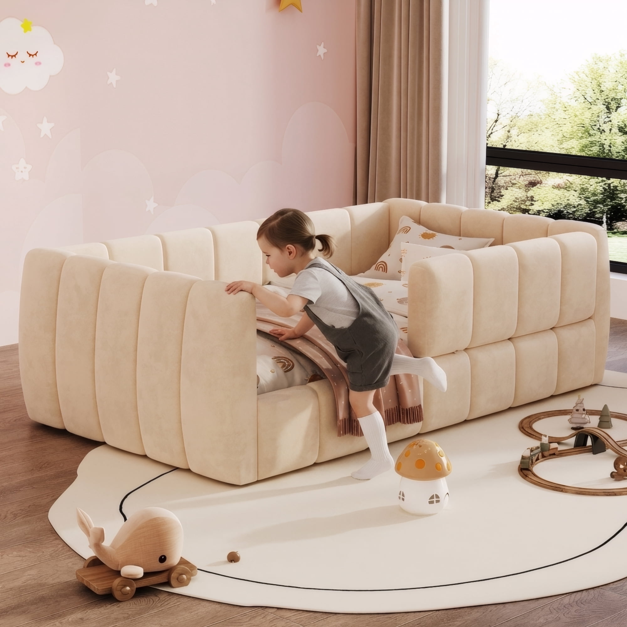 Euroco Upholstery Toddler Floor Bed with Guardrails, Beige