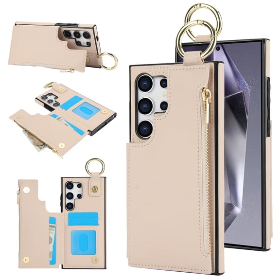 for Samsung Galaxy S25 Ultra Wallet Case with Card Holders for Women Girls, Zipper Protective PU Leather Case with Finger Ring RFID Protective Kickstand for Samsung Galaxy S25 Ultra, White