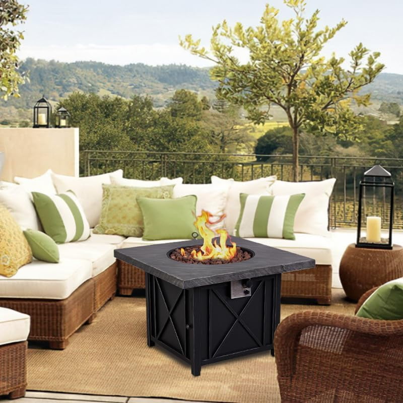 Afterglow 34.5" Propane Fire Table - Outdoor Tabletop Fire Pit for Patio, Backyard & Garden | Terra Fab Top & Steel Base | Includes Weather Resistant Cover, Lava Rocks | 40,000 BTU, CSA Certified