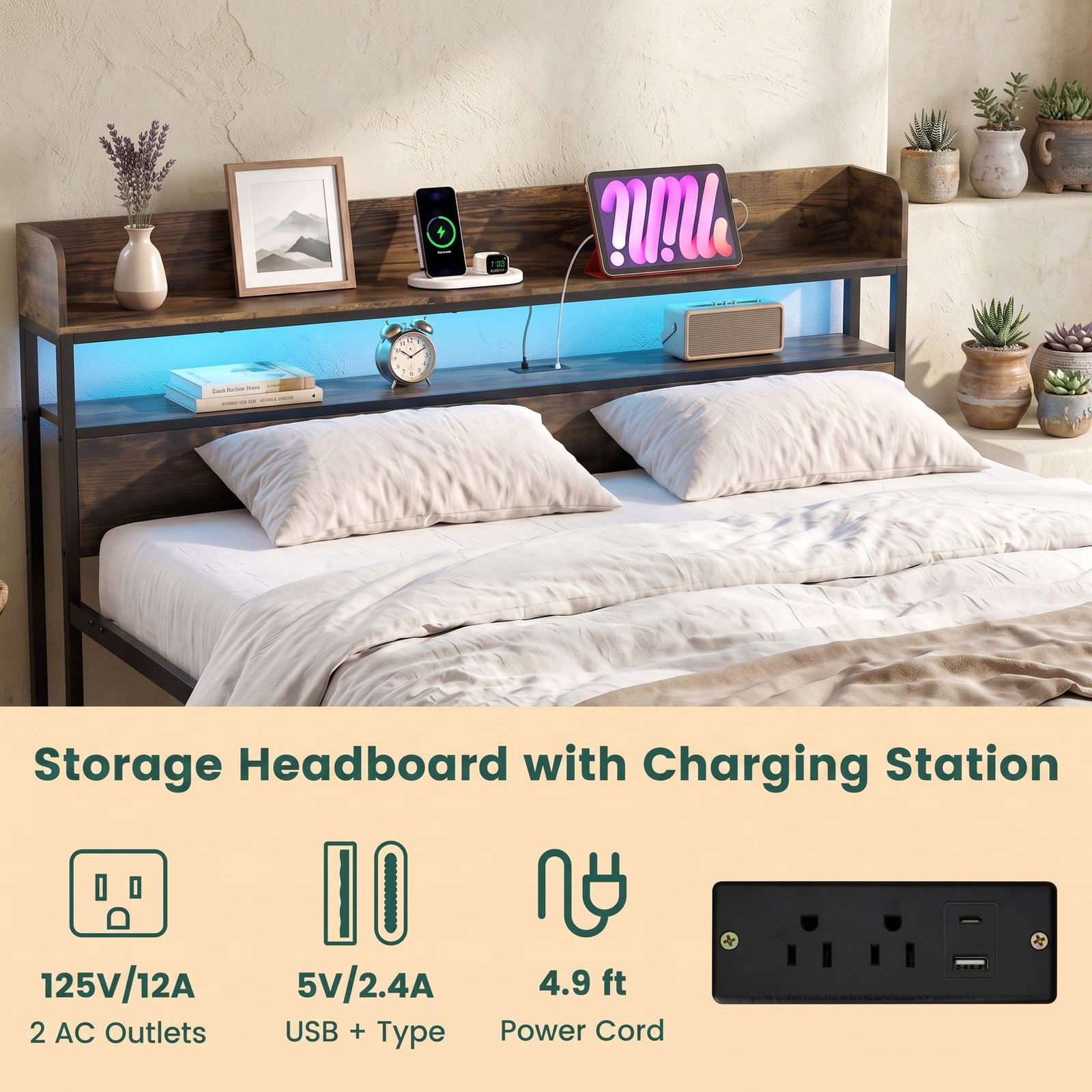 Furnibear King Size Bed Frame with Storage Headboard, LED Platform Bed Frame with Power Outlets and USB Ports, No Box Spring Needed, Rustic Brown