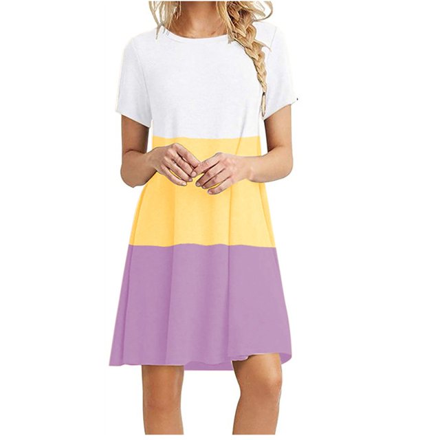 Ersazi Robe pour Femmes 2023 Mode pour Femmes Col Rond Chandail à Enfiler avec Manches Courtes Imprimées Décontractée Ample Longueur Genou en Liquidation Bleu G