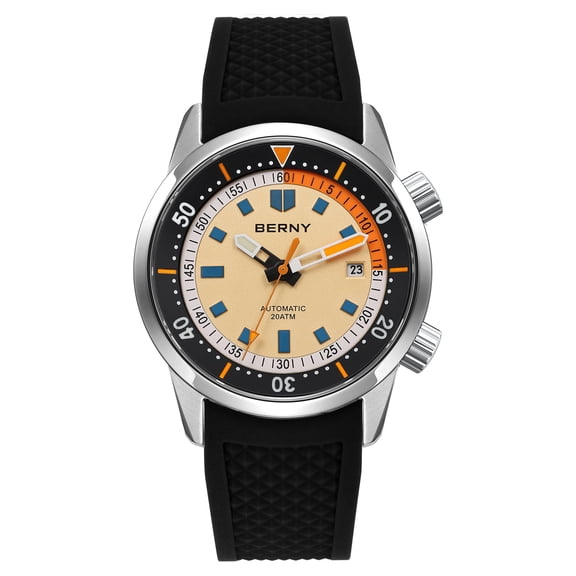 BERNY Automatic Dive Watches for Men, Sport 20ATM Waterproof Analog Mechanical Watch with Silicone Strap, Super Luminous, Date, Sapphire Crystal, Fashion Men's Diver Watch Gifts (Yellow)