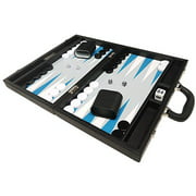 Silverman & Co. 16-inch Premium Backgammon Set - Medium Size - Black Board White and Astral Blue Points