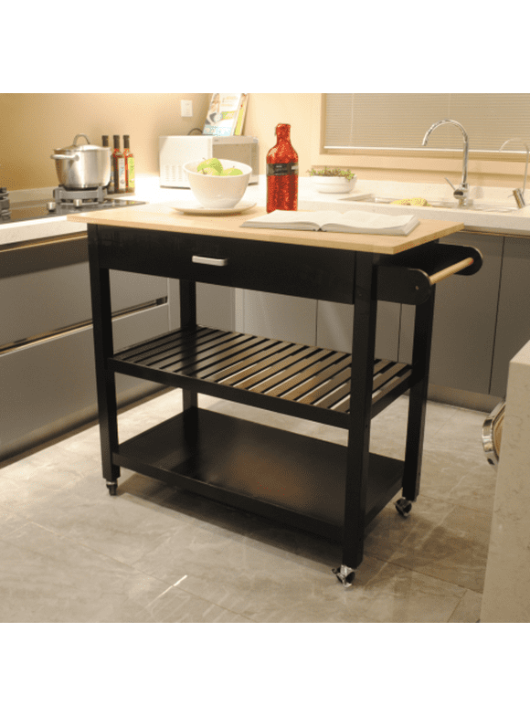 Kitchen Island & Kitchen Cart, Mobile Kitchen Island with Two Lockable Wheels, Rubber Wood Top, Black Color Design Makes Black + MDF It Perspective Impact During Party.
