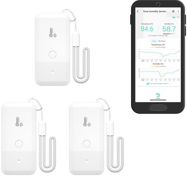 YoLink Smart Wireless Thermometer Hygrometer, 3-Pack, featuring white compact sensors with temperature and humidity icons on the front. Each sensor includes a detachable cord for extended placement. The accompanying smartphone screen displays real-time temperature and humidity data via the YoLink app. Designed for monitoring environments like freezers, greenhouses, and pet cages, it offers customizable alerts, long battery life, and LoRa-based wireless connectivity.