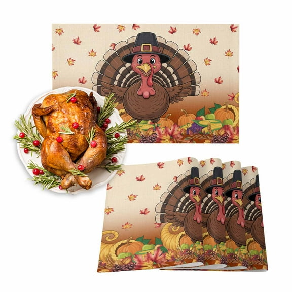 Fall Placemats Set of 4 Funny Turkey Place Mats Thanksgiving Placemat Harvest Pumpkin Corn Maple Leaf Table Mats for Dining Kitchen Table Holiday Dinner Party Home Fall Decorations 13x19 Inch
