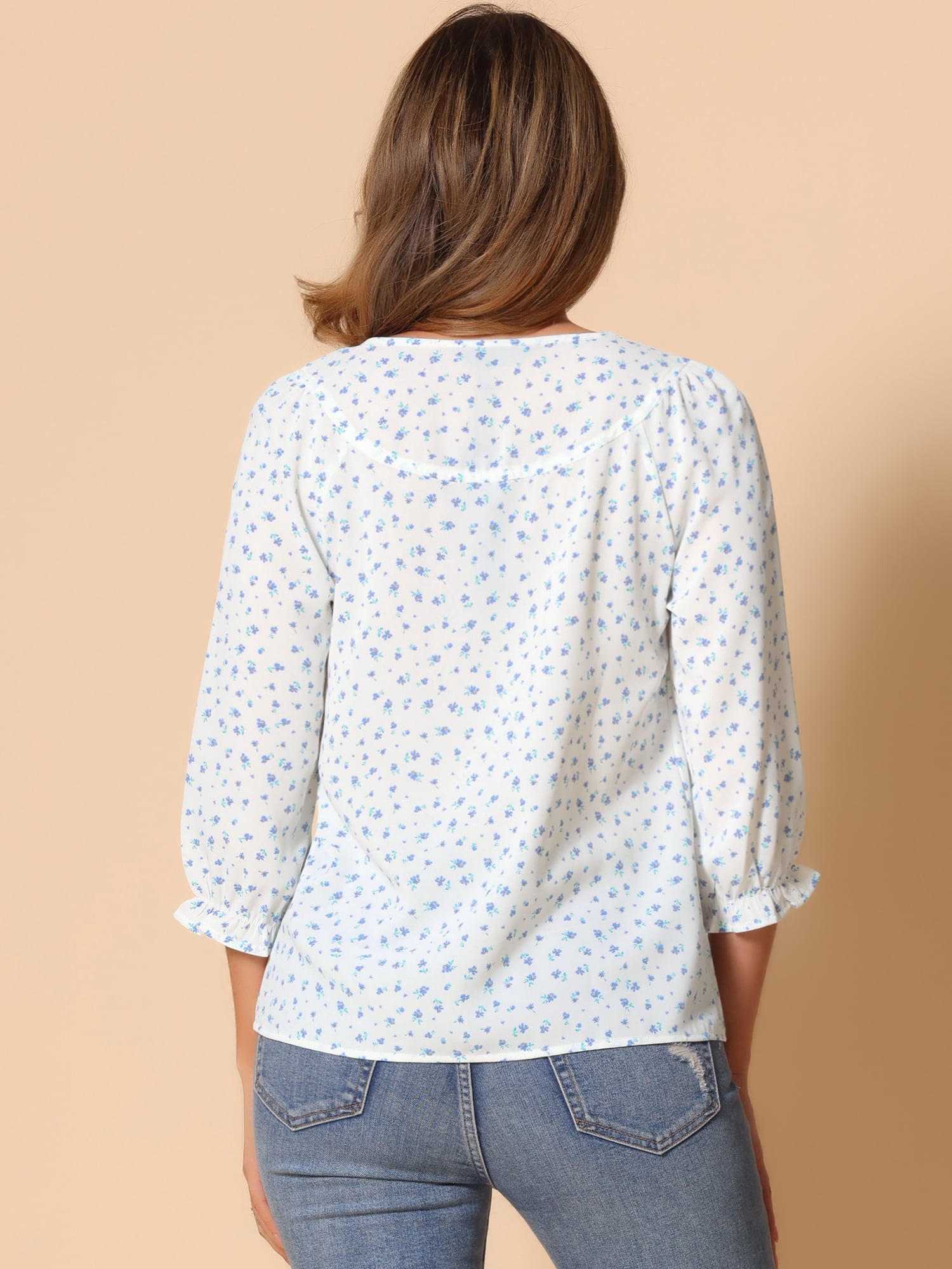 DARING DIVA Tie V Neck Boho Ruffled 3/4 Sleeve Blouses XL White Blue