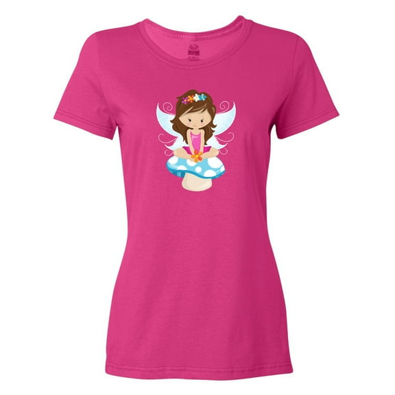 Inktastic Cute Fairy, Brown Hair, Fairy Sitting On Mushroom Women's T-Shirt