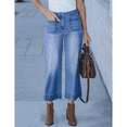 thumbnail image 4 of Women's Wide Leg Jeans Denim Pants Crop Flare Leg Jeans High Waisted Stretchy Straight Leg with Buttoned AnklesTrendy Casual with Pocket Light Blue, 4 of 7