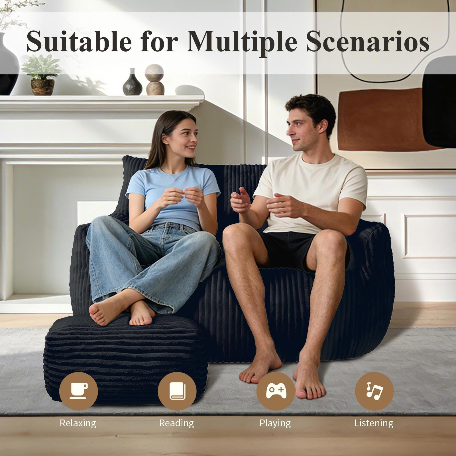 Hommoo Lovseat sofa with Ottoman, Cloud-Love Oversized 2-Seater Fluffy Bean Bag Chair for Living Room & Bedroom, Black