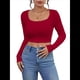 thumbnail image 2 of Tops Cortos de Larga para Mujer, con Cuello Cuadrado Acanalado, Ajustados, Informales, A para Dama Rojo Vino S, 2 of 7