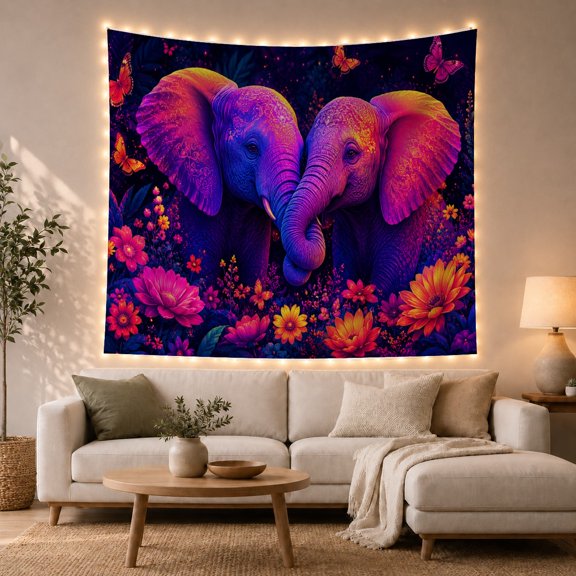 Floral Garden Elephants with Facing Each Other Their, Mystical Fantasy for Space Lovers, Galaxy Room Decor, Mother'S Day Gift, Tapestry Wall Hanging for Bedroom and Dorm