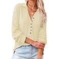 thumbnail image 3 of Camisa de punto con cuello en V para mujer, blusa informal de manga larga con cuello vuelto, Top, color albaricoque L, 3 of 6