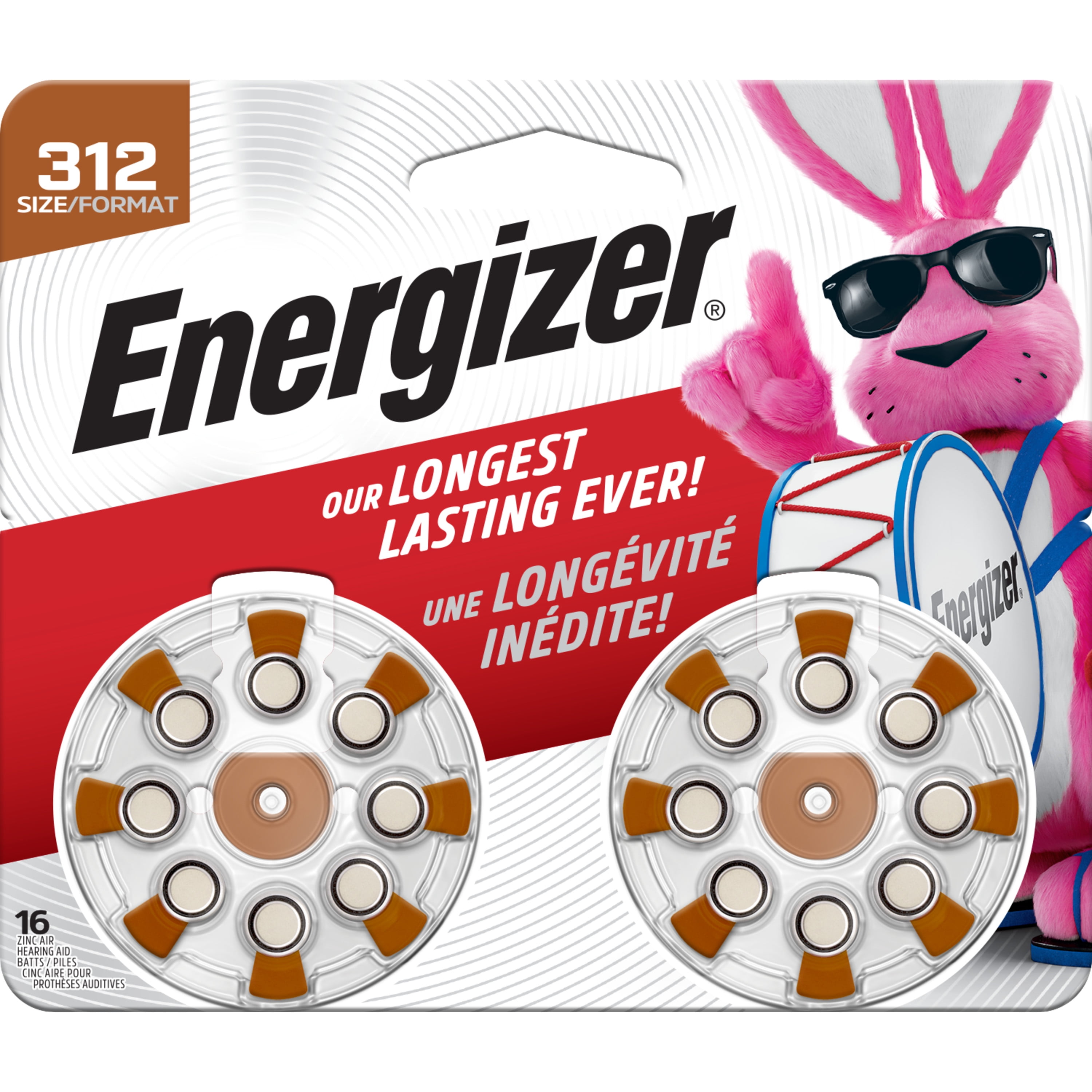 Energizer Hearing Aid Batteries Size 312, Brown Tab, 16 Pack