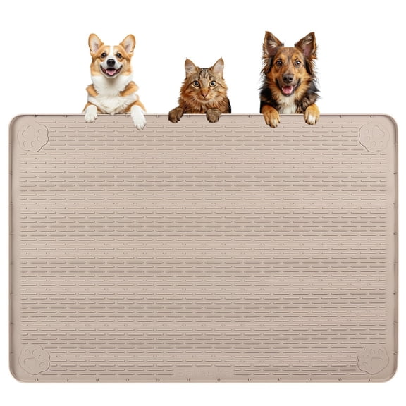 Bartuke Dog Food Mat 40"x28" Extra Large Silicone Pet Feeding Mat with Raised Edge, Non-Slip, Waterproof, Easy Clean for Dogs & Cats, Khaki