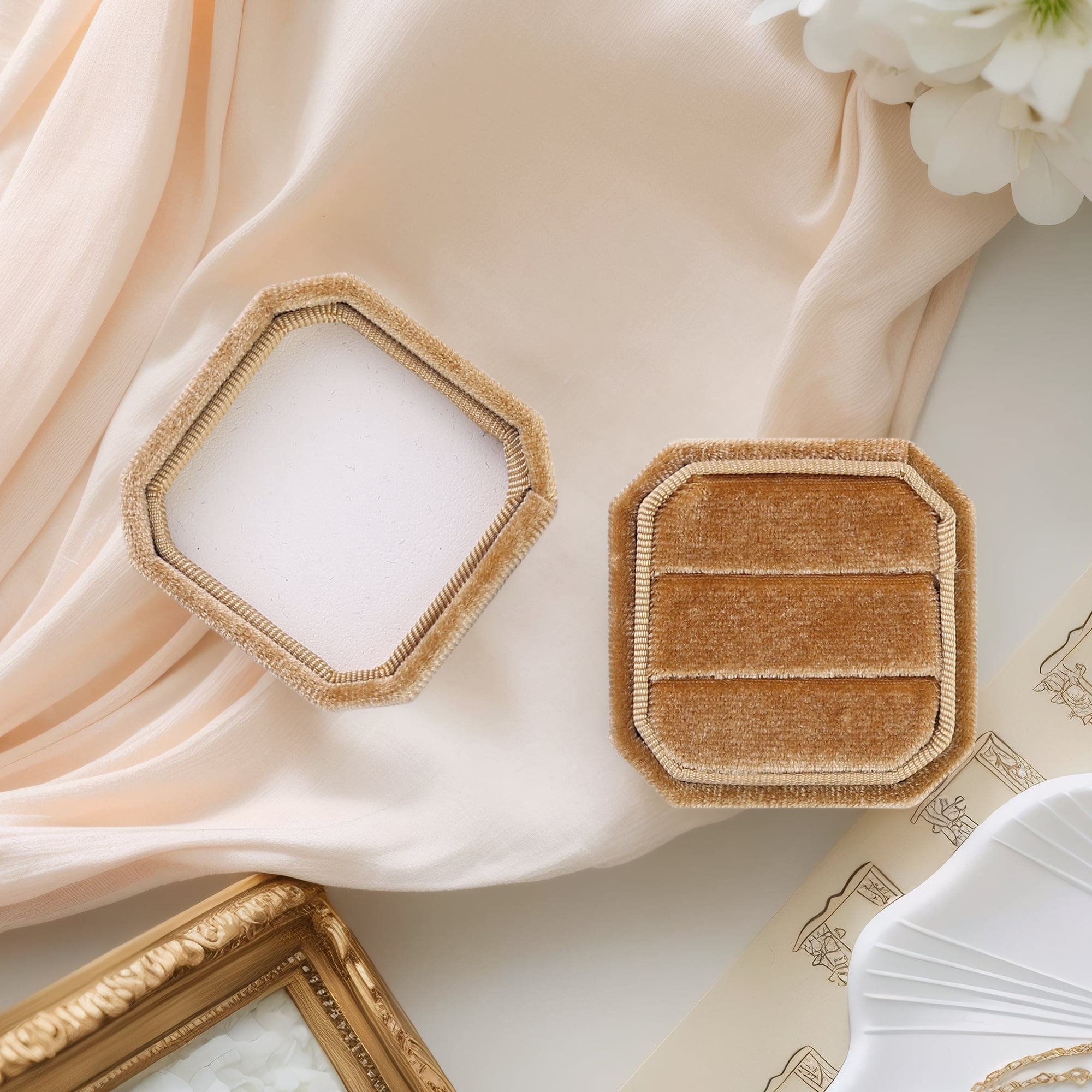 Velvet Ring Box for Proposal Engagement Wedding Ceremony Storage 2 Slots Golden Yellow