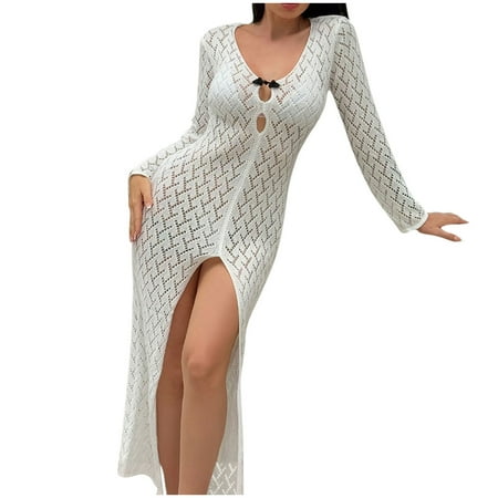 DISKEBUISS Swimsuit Coverup for Women Crochet Swim Knit Hollow Out Bikini Summer Beach Cover Up Slit Long Dresses