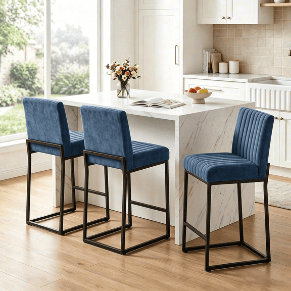 Usaint Sets of 2 Bar Stools with Thickened Metal Frame, Mid Back 26 Inch Counter Height Upholstered Modern Bar Chairs for Kitchen Island,Blue