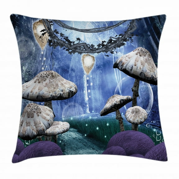 Trippy Throw Pillow Cushion Cover, Abstract Dreamlike Forest Scenery at Night with Mushrooms Pixie Dust and Bubbles, Decorative Square Accent Pillow Case, 24 X 24 Inches, Multicolor, by Ambesonne