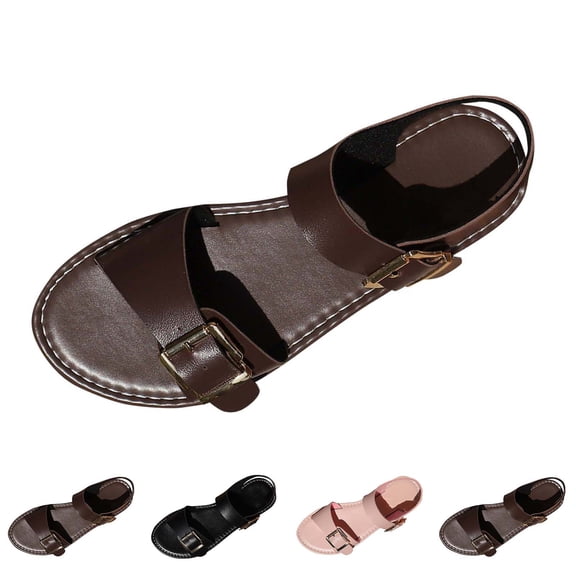 THDHVS Flat Sandals for Women,Womens Sandals Comfortable,Women Solid Color Flat Slide Sandals with Buckle Detail Round Toe Black