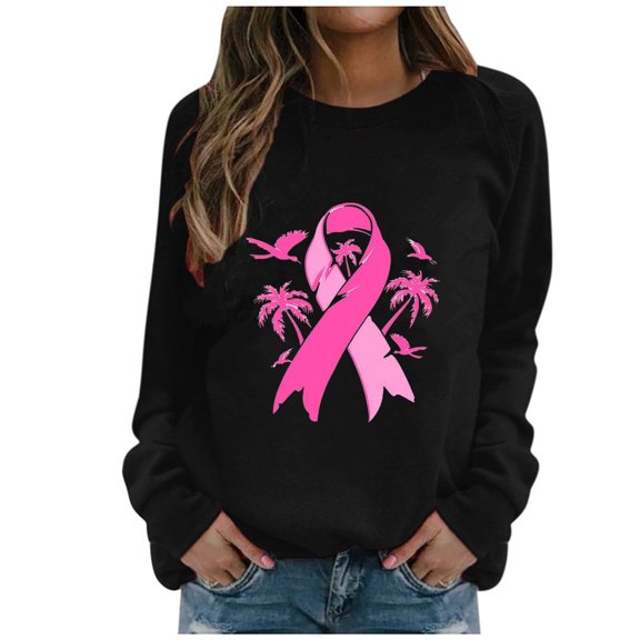 WREESH Women's Fall Long Sleeve Breast Cancer Awareness Sweatshirt Loose Crewneck Pullover Top Pink Ribbon Graphic Shirts Black