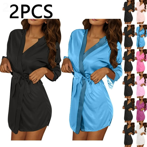 Feancey 2PC Womens Kimono Bathrobe Long Sleeve Lightweight Silk Robes Knee Length Casual Satin Short Robe Belted Nightgowns Beige Free Size