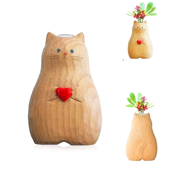 Cat Vase – Handmade Wooden Vase, Home Decor Small Vase, Solid Wood Cat Statue Holding Heart Shape, Modern Creative Cat Decor for Flowers
