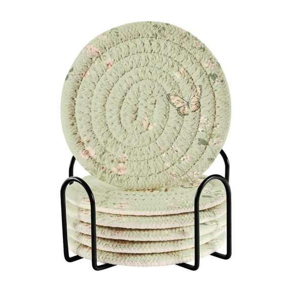 Coil Coasters Set of 6，Butterfly Print with Pastel Flowers3.94-inch diameter printed on one side, non-slip, heat-insulating, moisture-wicking home accessory.