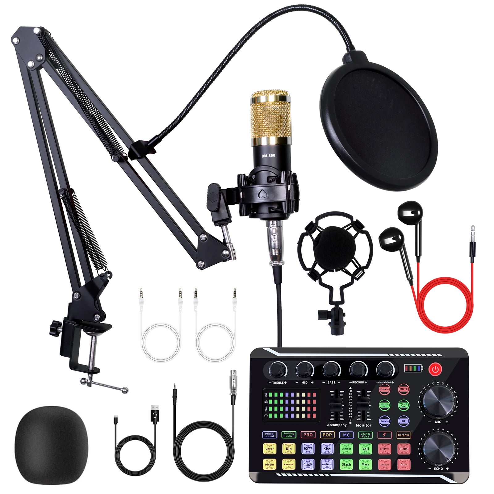 Podcast Equipment Bundle Condenser Microphone Audio Mixer Studio Recording Kit Muti-Functional Bluetooth BM800 Podcast Microphone Set