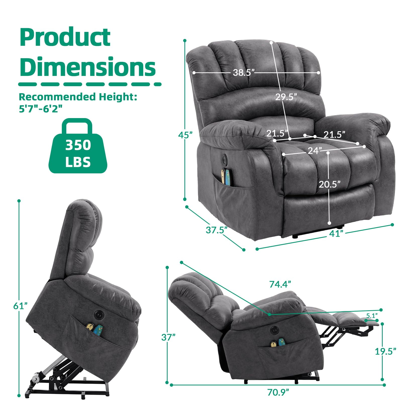 VIVIJASON Bronzing Suede Fabric Heated Recliners with USB Ports, Gray