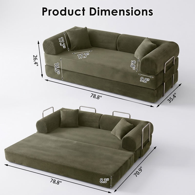 Anpport 78.8" Compression Boneless Sectional Sofa, Convertible Floor Sleeper Bed with Pillow Back Armrest, Corduroy Fabric, Green, for Living Room Bedroom