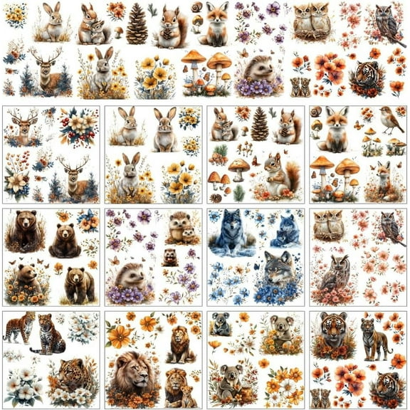 12 Sheets Woodland Creatures Rub On Transfer Stickers Animal and Plants Themed Window Decoration Featuring Bears Deer Rabbits and More for Nature Lovers Creative Decor 5.5 x 5.5 Inches